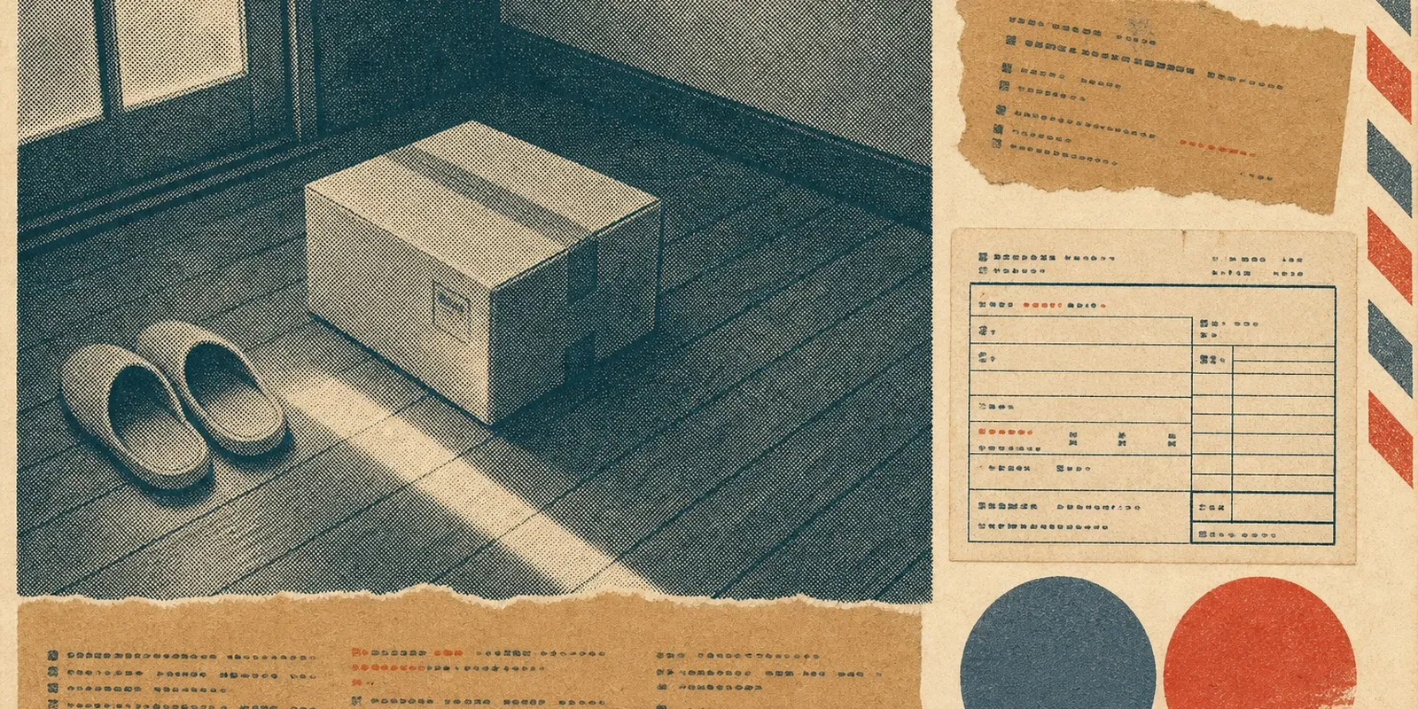 A catalogue page carrying a halftone-printed photograph of a cardboard parcel on wooden floorboards inside an entryway, surrounded by paper forms, torn kraft strips and an airmail border.