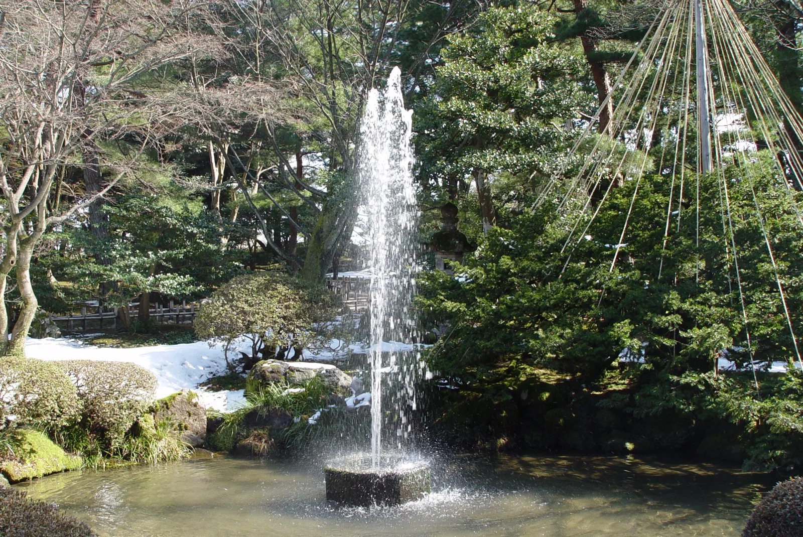 A column of water rising from a fountain, yukitsuri ropes visible at the right
