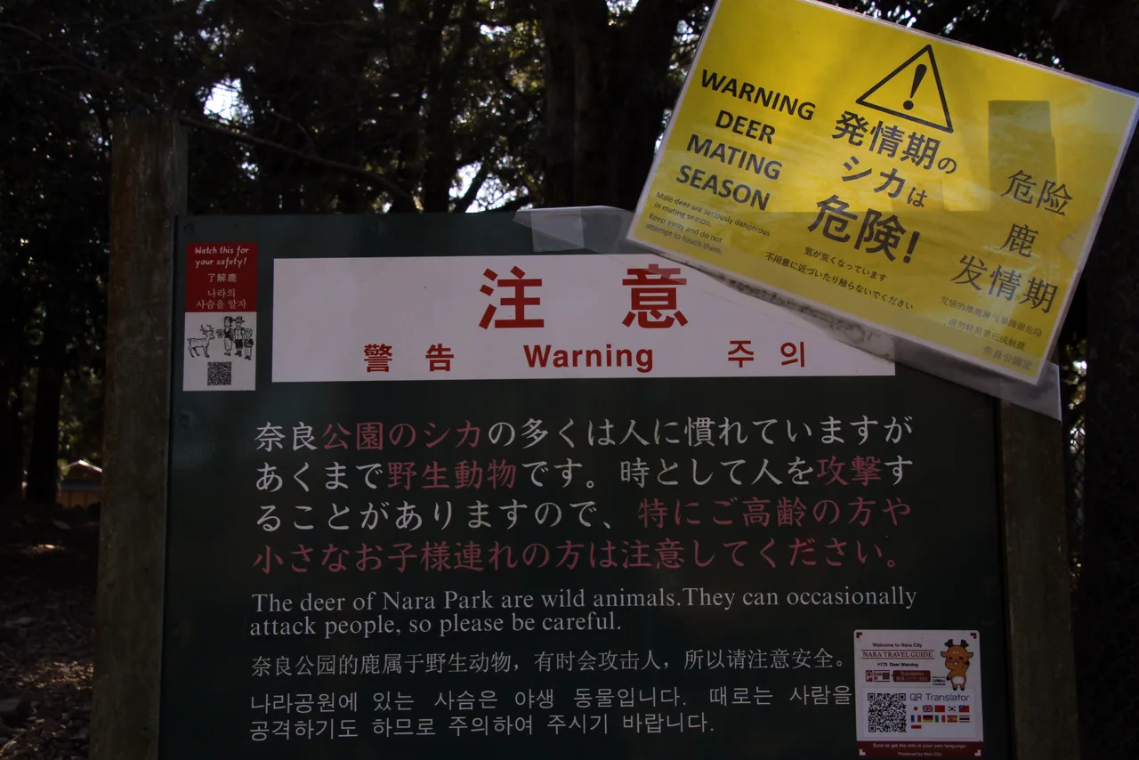 A notice board in Nara Park carrying a warning about the deer in Japanese and in English