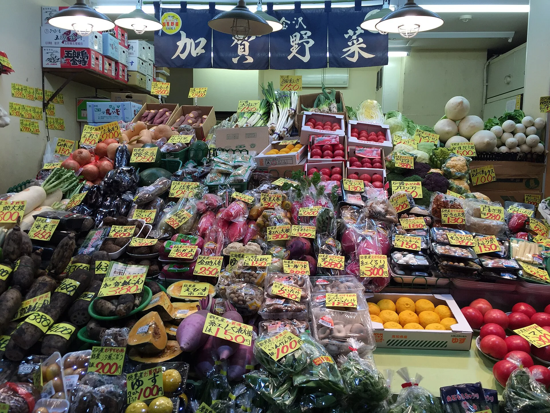 Vegetables stacked on a stall at Omicho Market